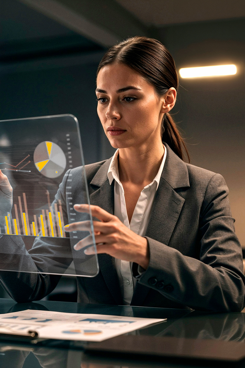 Profissional analisando dados e gráficos financeiros