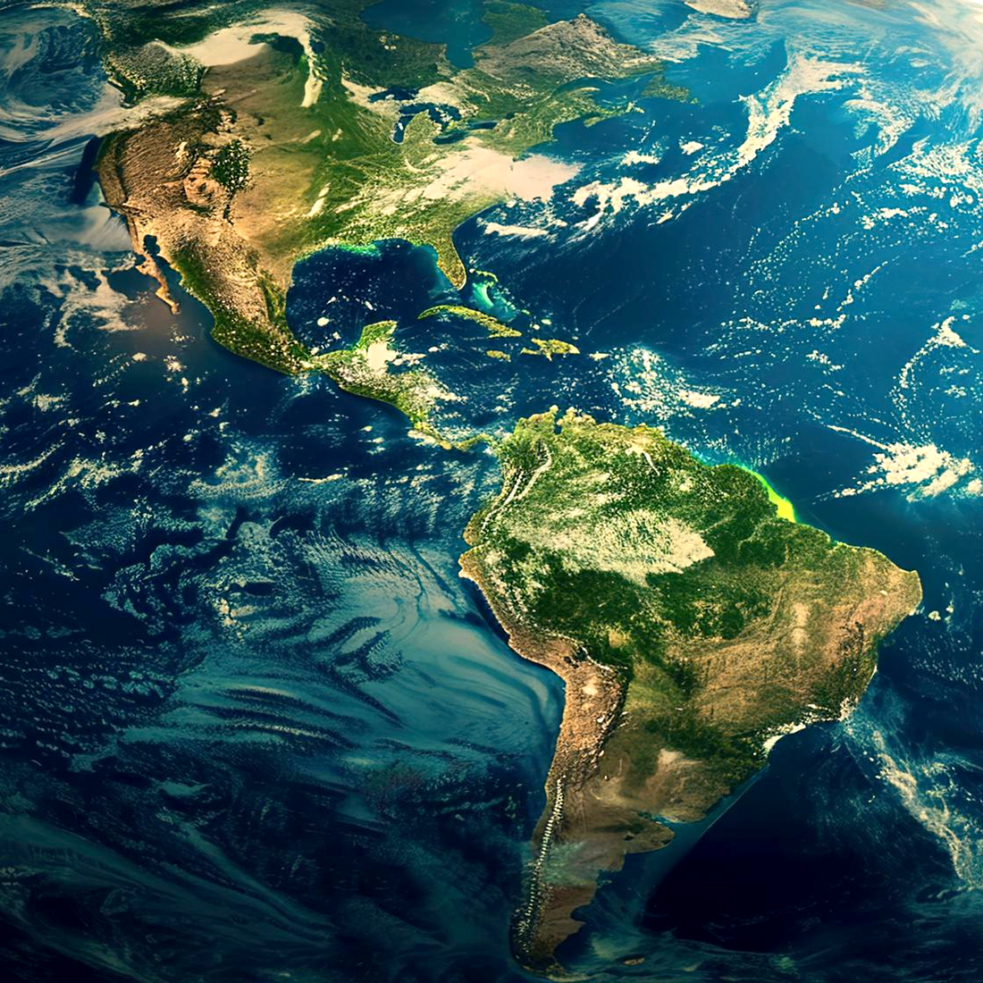 Vista aérea do continente americano, destacando o corredor Brasil-EUA